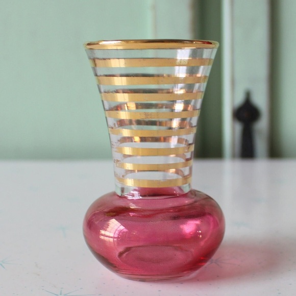 Vintage Vase Atomic Glass MCM 50s 60s 70s Petite Floral Bud Vase Rose Pink Gold - Picture 2 of 8